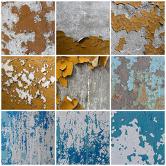 Set of peeling paint textures. Old concrete walls with cracked flaking paint. Weathered rough...