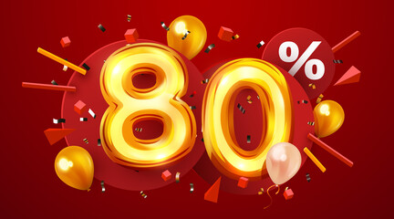 80 percent Off. Discount creative composition. 3d golden sale symbol with confetti and balloons. Sale banner and poster.