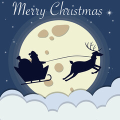 Happy Christmas card with Santa Claus and reindeer sled on the background of the moon.