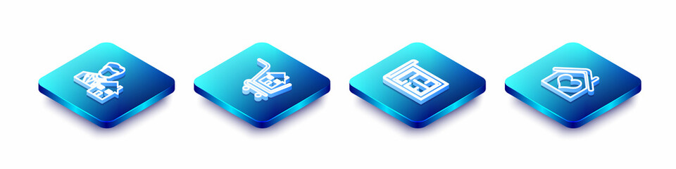 Set Isometric line Realtor, Shopping cart with house, House plan and heart shape icon. Vector