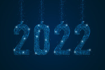Abstract isolated blue image of new year number 2022. Polygonal low poly wireframe illustration looks like stars in the blask night sky in spase or flying glass shards. Digital web, internet design. © Katsiaryna