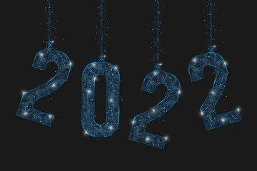 Abstract isolated blue image of new year number 2022. Polygonal low poly wireframe illustration looks like stars in the blask night sky in spase or flying glass shards. Digital web, internet design. © Katsiaryna