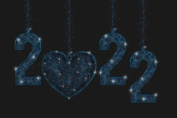 Abstract isolated blue image of new year number 2022. Polygonal low poly wireframe illustration looks like stars in the blask night sky in spase or flying glass shards. Digital web, internet design. © Katsiaryna