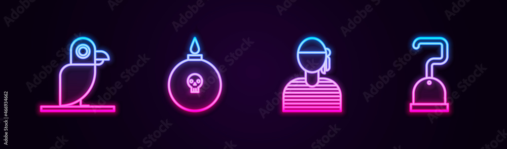 Sticker Set line Pirate parrot, Bomb ready to explode, Sailor captain and hook. Glowing neon icon. Vector