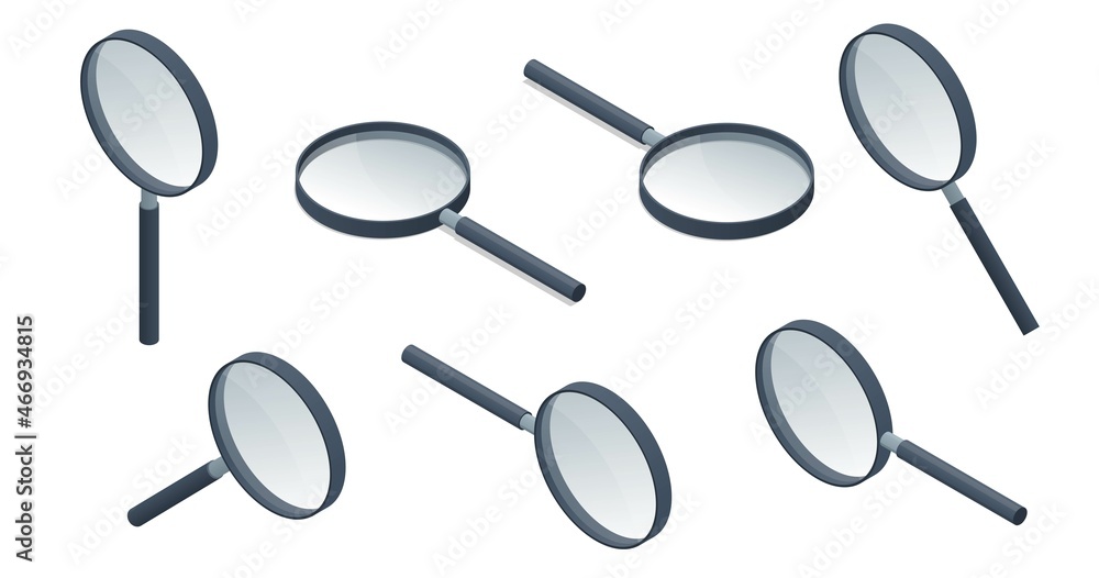 Poster isometric magnifying glass. magnifier or loupe. convex lens that is used to produce a magnified imag