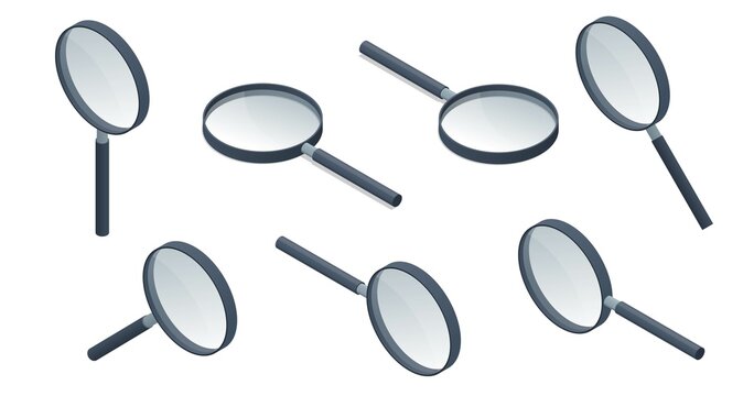 Isometric Magnifying Glass. Magnifier or Loupe. Convex lens that is used to produce a magnified image of an object.