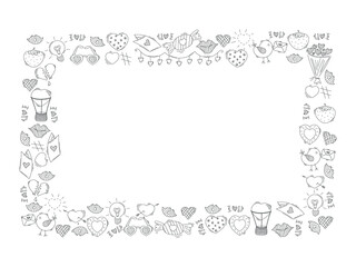 Valentine's day frame border. Doodle love postcard template. Love, heart, couple, kiss, cupid in hand drawn style. Stock vector illustration isolated on white background.