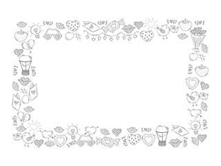 Valentine's day frame border. Doodle love postcard template. Love, heart, couple, kiss, cupid in hand drawn style. Stock vector illustration isolated on white background.