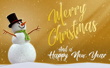 Cute card with christmas snowman wishing you a merry christmas and happy new year. 3d art