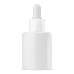 Cosmetic oil dropper bottle. Serum dropper packaging mockup, isolated. White glass medical vial, essential oil package. Liquid aroma essence flask, collagen treatment mock up