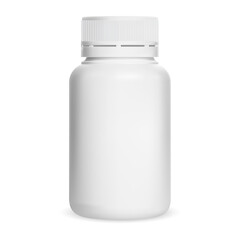 White plastic pill bottle. Vitamin supplement jar, vector blank. Pharmaceutical product template design, empty medical box with cap. Small aspirin drug jar mockup
