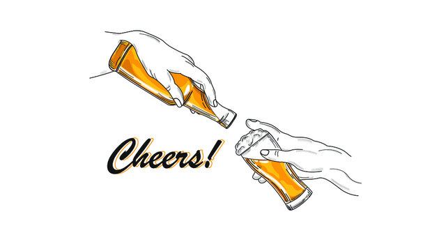 Cheers! Hands holding a glass and a bottle of beer, made in line art style. Key colors black, orange and yellow