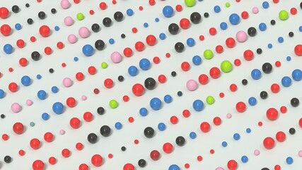 Colored dots, pattern, 3D render, illustration, visualization. Colored spheres. Light background.