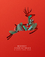 Christmas New Year paper cut reindeer leaf card