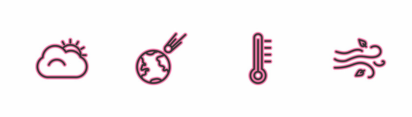 Set line Sun and cloud, Meteorology thermometer, Comet falling down fast and Wind icon. Vector
