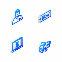 Set Isometric line Price tag with text New, Seller, Shopping cart on laptop and Stacks paper money cash icon. Vector