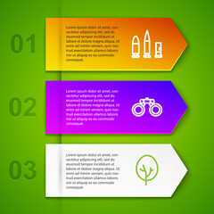 Set line Bullet and cartridge, Binoculars, Tree and Paw print. Business infographic template. Vector