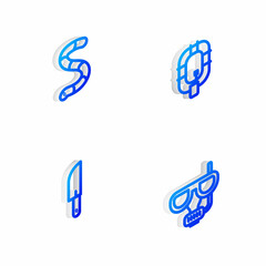 Set Isometric line Inflatable boat, Worm, Knife and Diving mask and snorkel icon. Vector