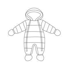 Winter baby overalls. Line art snow suit with hood. Baby clothing. Isolated vector illustration 