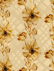 Monochrome Seamless pattern with vertical poppy flowers in beige shades painted in watercolor for wallpaper and surface design
