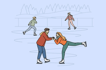Active leisure in winter concept. Young happy smiling couple skating together on rink holding hands having fun vector illustration 