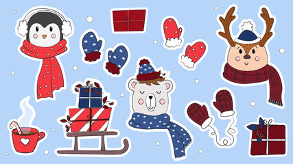 Set of Christmas stickers, Christmas icons, Christmas characters, cute Christmas animals, hand drawn style