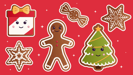 Set of Christmas stickers, Christmas icons, Christmas characters, cute Christmas animals, hand drawn style