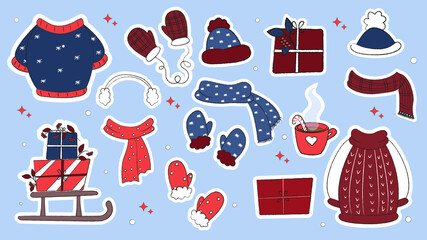 Set of Christmas stickers, Christmas icons, Christmas characters, cute Christmas animals, hand drawn style