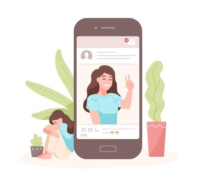 Portrait of smiling woman on smartphone screen against crying one on background. Concept of fake life on social media or network. Imitation of happiness, welfare, success. Cartoon vector illustration.