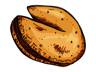 Vector hand drawn chinese fortune cookies isolated on white backgrounds. Colorful food illustration. Crisp cookie with a blank piece of paper inside. For print, web, design, decor.