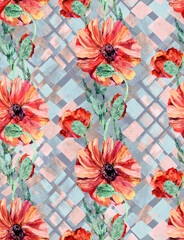 Fototapeta na wymiar watercolor pattern with red poppies on irregular rhombus background for textiles and surface design
