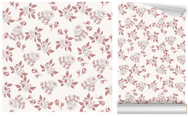 Seamless vector vintage floral pattern for gift wrap, fabric, cover and interior design with flowers. And example of usage with mock up pattern. Retro style flowers