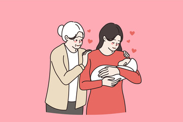 Happy three generations of women, baby child, mother and grandmother, show family unity bonding. Loving woman caress lull little newborn kid, old mom near help. Offspring. Vector illustration. 