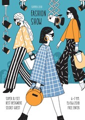 Colorful flyer or poster template for fashion show with top models wearing seasonal clothes walking along runway or doing catwalk. Hand drawn vector illustration for event promotion, advertisement. - obrazy, fototapety, plakaty