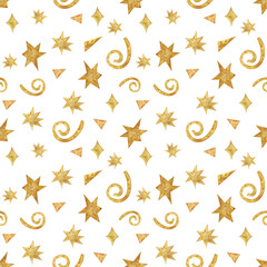 Watercolor lovely christmas pattern with golden stars and confetti.Christmas festive seamless hand drawn texture on white background.