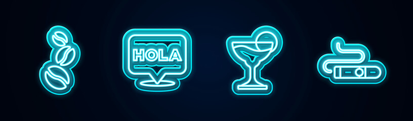 Set line Coffee beans, Hola, Margarita cocktail and Cigar. Glowing neon icon. Vector © vector_v