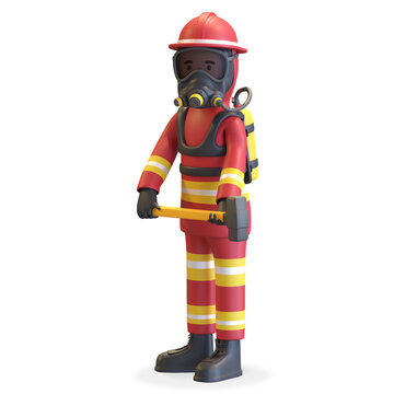 Firefighter wearing gas mask in red uniform and yellow helmet holding sledgehammer 3D illustration