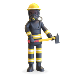 Firefighter wearing gas mask in black uniform and yellow helmet holding axe 3D illustration