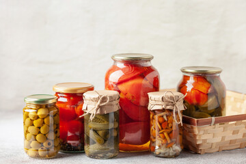 Set of different fermented food in jars. Healthy food.