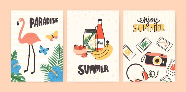 Bundle of summer cards, flyer or poster templates with seasonal inscriptions decorated with jungle leaves, flowers, flamingo, exotic fruits and berries, headphones, photo camera. Vector illustration