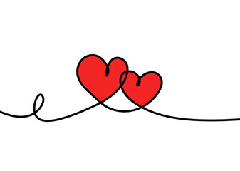 Abstract color hearts as continuous line drawing on white as background. Vector