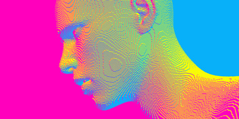 Abstract digital human head constructing from cubes. Minimalistic design for business presentations, flyers or posters. Technology and robotics concept. Voxel art. 3D vector illustration.