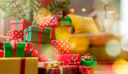 New year and christmas festive background concept,variety color of warp presents boxes with bow...