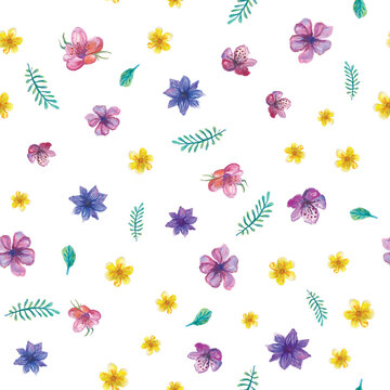 Beautiful hibiscus flowers with green leaves on background. Seamless floral pattern. Watercolor painting. Hand drawn illustration. Can be used as a design for fabric or wallpaper, bed linen