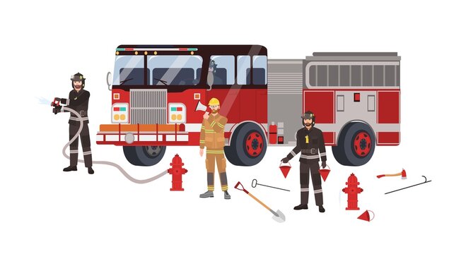 Firefighters Or Firemen Wearing Protective Clothes Or Uniform, Fire Engine And Firefighting Equipment - Fire Hydrant With Hose Pipe, Shovel, Pike Pole, Axe, Buckets. Flat Cartoon Vector Illustration