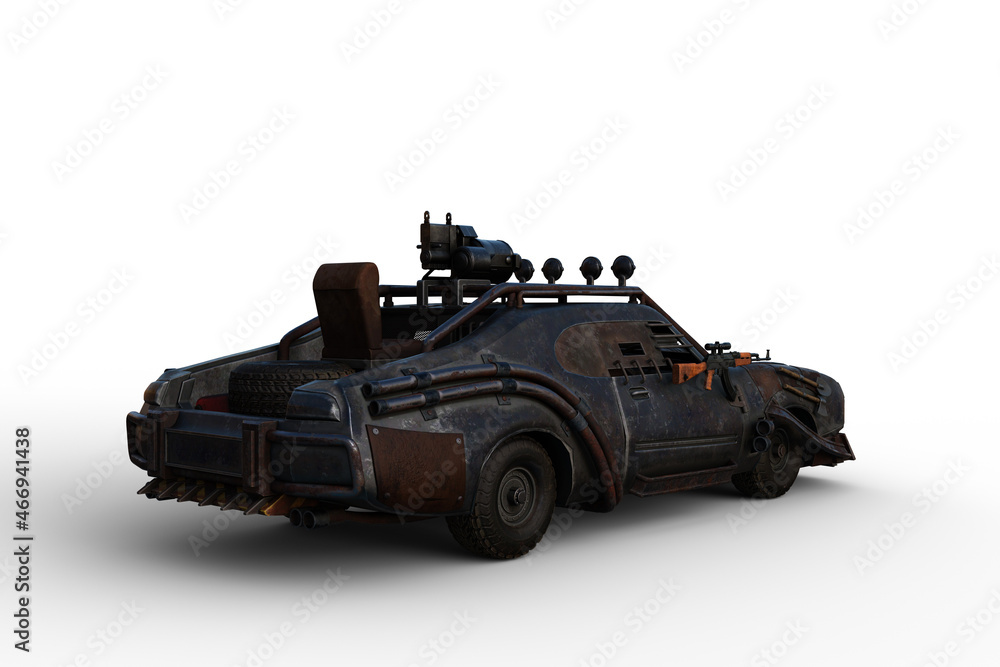 Poster 3d rendering of a fantasy zombie apocalypse armoured car isolated on a white background.