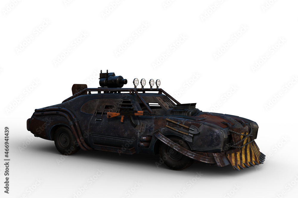 Poster 3d rendering of an armoured car from a fantasy zombie apocalypse world isolated on a white backgroun