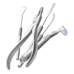Dental set of tools at the dentist on a white background. Metal tools for the for dental treatment.
