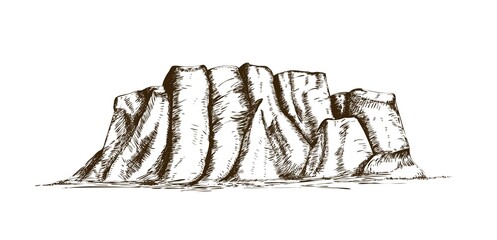 Mountain ridge or natural landmark hand drawn in vintage engraving style. Beautiful retro drawing of rock cliff, plateau or tableland isolated on white background. Monochrome vector illustration. - obrazy, fototapety, plakaty