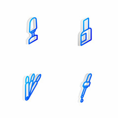 Set Isometric line Bottle of nail polish, Milling cutter for manicure, False nails and Pipette with oil icon. Vector